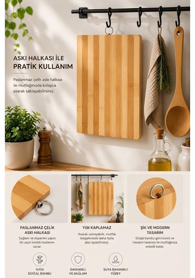 Tr Askılı Doğal Bambu Kesme Ve Sunum Tahtası Büyük Boy 30x40 Cm Genel