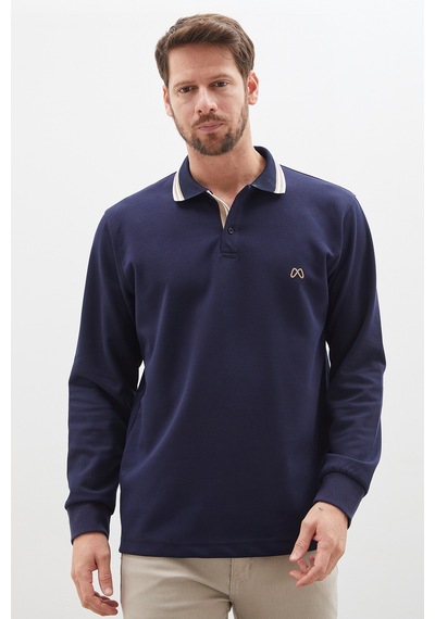 Fullamoda Nakışlı Yarım Düğmeli Polo Yaka Modal Sweatshirt Lacivert