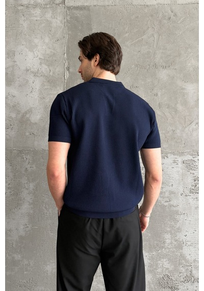 Erkek Petek Desen Polo Yaka Triko T-shirt Lacivert
