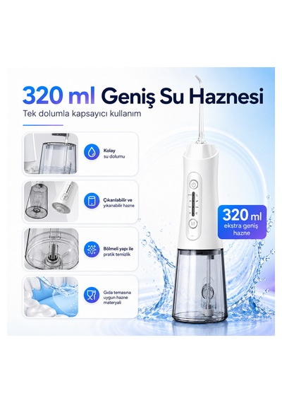 Şarjlı Ağız Duşu 320 Ml Su Hazneli 4 Modlu 20-140 Psı 1500 Mah Type-c Ipx7 5 Başlıklı Taşınabilir Ağız Bakım Cihazı