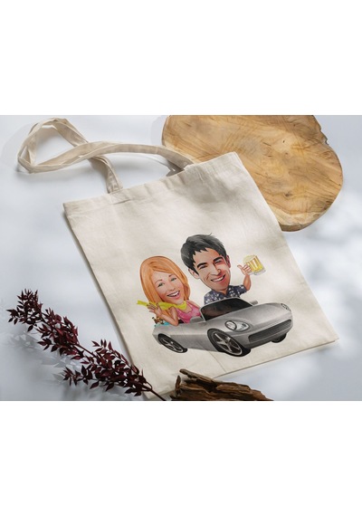 BK Gift Kişiye Özel Sevgililer Karikatürlü Kanvas Bez Çanta, Bask