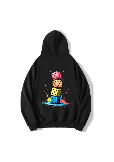 Brz Collection Unisex Oversize Zar Baskılı Hoodie Siyah