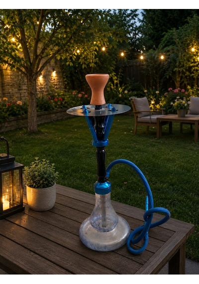 60 Cm Cam Hazneli Lüx Nargile Takımı Mavi Metal Gövdeli Modern Tasarım