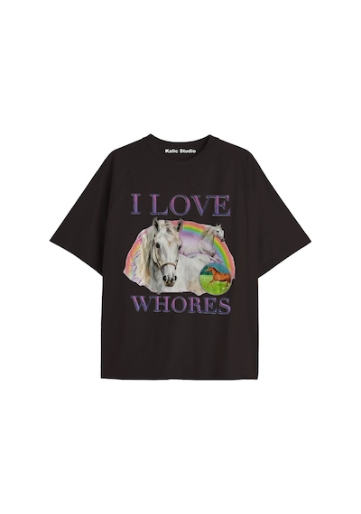 Kalic Studio Özel Baskılı Oversize Pamuklu I Love Whores T-shirt Siyah