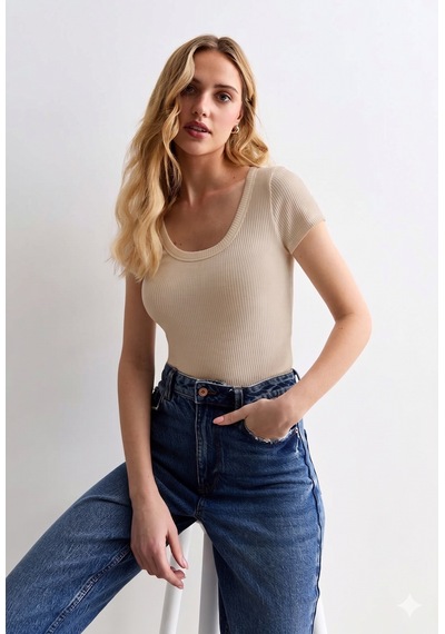 Rooted-kadın Kare Yaka T-shirt & Bluz , Likralı Fitilli Kaşkorse Kumaş Taş