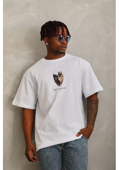 Unisex Oversize Baskılı Bisiklet Yaka T-shirt - Beyaz Beyaz