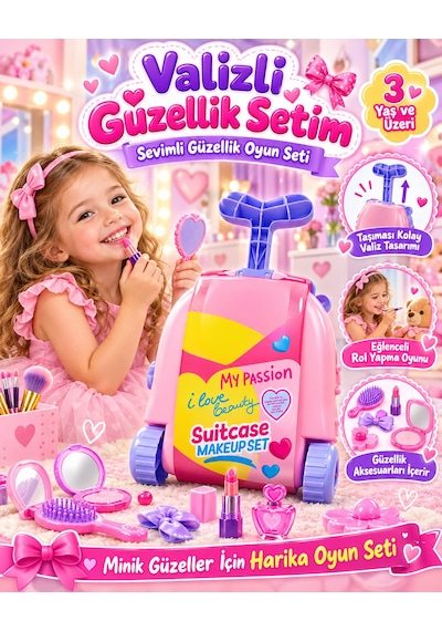 Oyuncak Çekçek Valizli Aksesuarlı Makyaj Doktor Tamir Set Taşınabilir Tekerlekli Renkli Çantalı Bavul Güzellik Eğitici Meslek Seti 50x25 Cm Çok Renklli