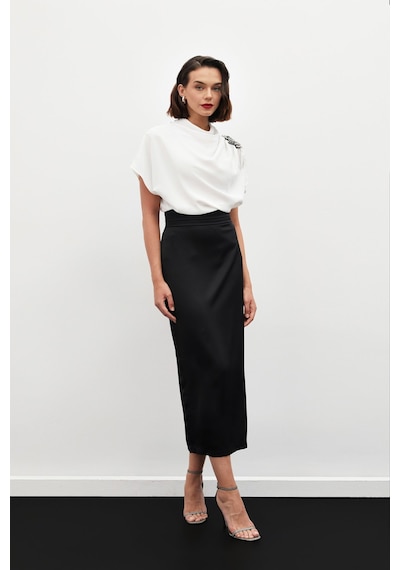 Sateen Bel Pile Detaylı Saten Etek - Siyah