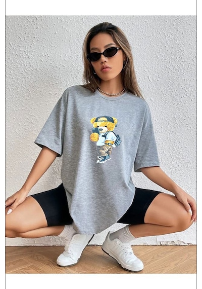 Medinenur Unisex Peluş Ayı Baskılı Bisiklet Yaka Tshirt Gri