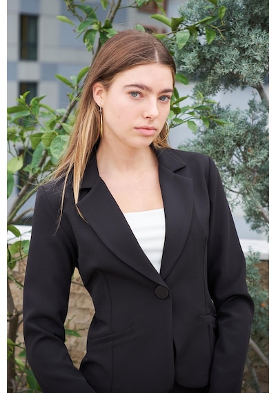 Yakalı Flato Cepli Uzun Kol Pamuklu Kumaş Kısa Blazer Ofis Ceket-siyah Siyah