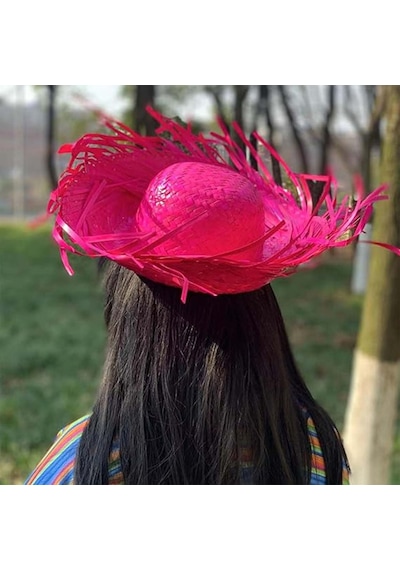 Tropikal Parti Pembe Fuşya Hasır Hawaii Şapkası 13x36 Cm 6 Yaş