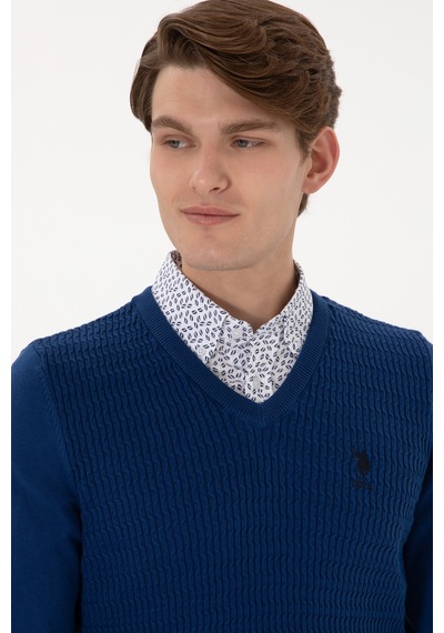 U.S. Polo Assn. Erkek Slim Fit V Yaka İndigo Basic Kazak 50288879-VR028