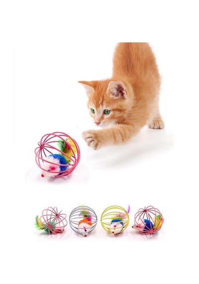 Renkli Metal Kafesli Peluş Fareli Kedi Köpek Oyuncağı Oyun Topu 6 Cm 5691