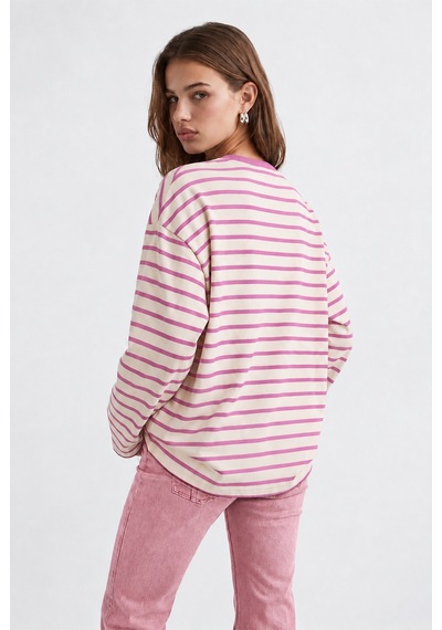Mixray 2236 Çizgili Bisiklet Yaka Uzun Kol Oversize Sweatshirt Pembe