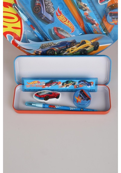 X Dekomus Lisanslı Hotwheels Özel Tasarımlı 5'li Kırtasiye Seti Metal Kalem Kutusu,cetvel,kalem Açık Gri