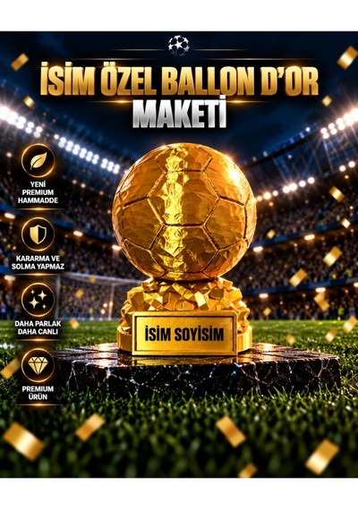 İsime Özel Ballon D'or Futbol Ödülü Maketi Altın Top Dekoratif Kupa 15cm