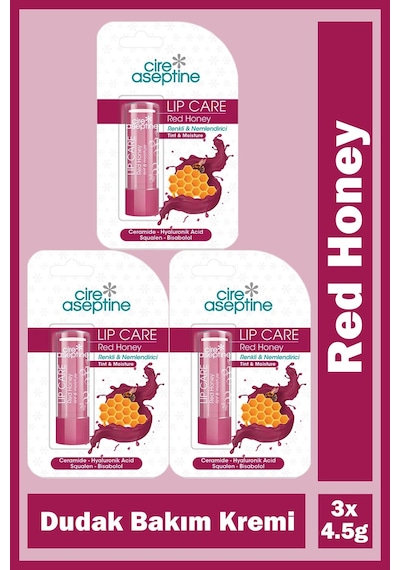 Cire Aseptine Red Honey Renkli Nemlendirici Dudak Bakım Kremi 4,5 Gr 3 Adet