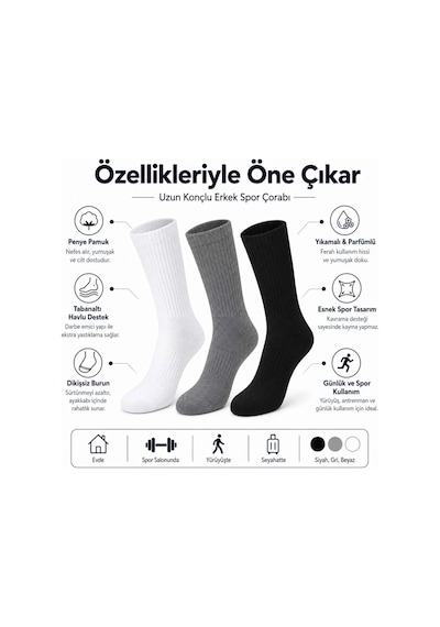 Womanandkids Wak Erkek Spor Çorap 12 Çift, Taban Altı Havlu Destekli Penye Pamuklu Uzun Konç Çorap Çok Renkli 12'li