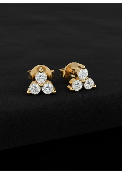 925 Ayar Gümüş Gold Renk 3 Taşlı Minimal Pırlanta Montürlü Trio Çivili Küpe Rze10246 Gümüş