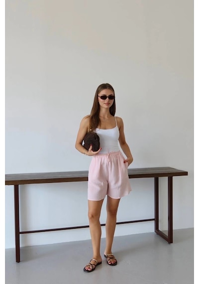 Kazax Müslin Kumaş Şort Bağcıklı Pembe Pt Pembe
