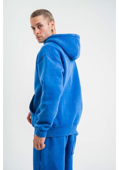 Unisex Double Oversize Kapşonlu Yıkamalı Sweatshirt - Mavi Mavi
