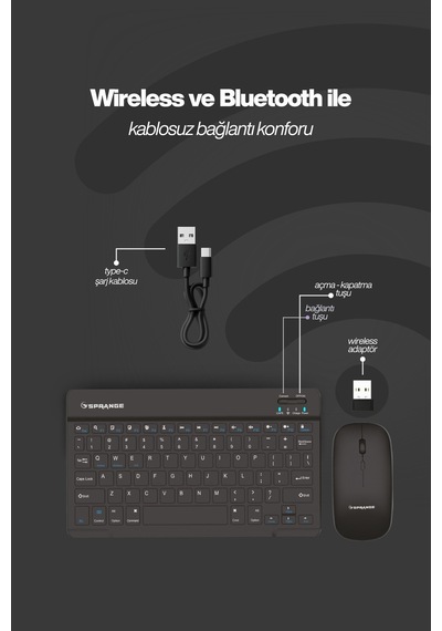 Sprange Tablet Ve Telefonlar İçin Bluetooth - Wireless Klavye Ve Mouse Set - Siyah Optik