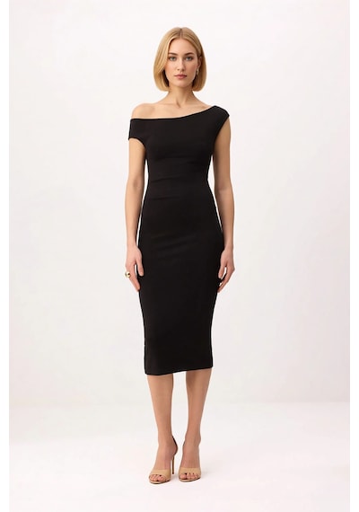 Benerly Kadın Asimetrik Yaka Düşük Kol Bodycon Midi Elbise Silky İnterlok Siyah