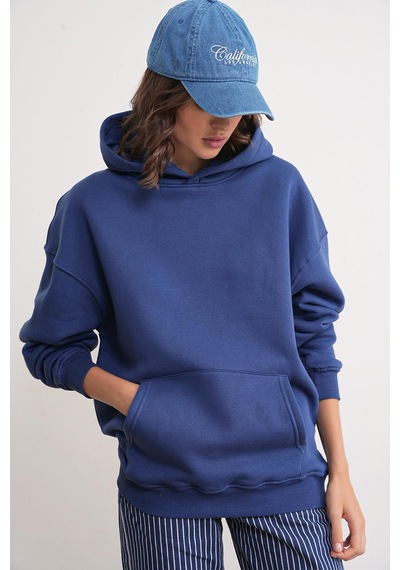 Mixray 2022 Unisex 3iplik Basic Polarlı Kapüşonlu Sweatshirt Hoodie Lacivert