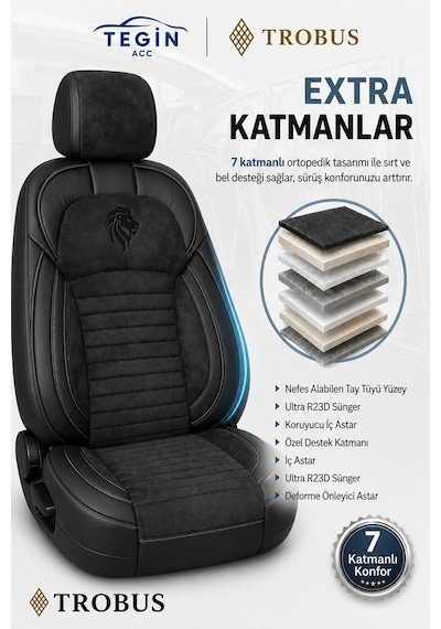 Volkswagen Caddy 2004-2020 Araca Uyumlu Premium Tay Tüyü Koltuk Kılıfı Liona Serisi Siyah