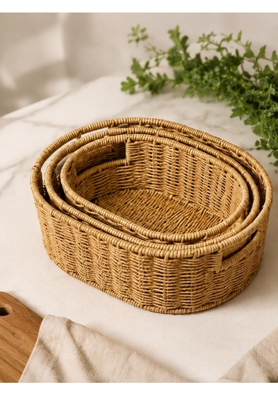 3'lü Dekoratif Plastik Rattan Sepet Seti El Örgüsü Düzenleyici Organizer Sepet Sarı