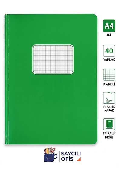 Saygılıofis 40 Yaprak A4 Dikişli Düz Pp Kapak Kareli Defter Yeşil