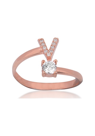 Zirkon Taşlı Pırlanta Montür Rose Altın Kaplama V Harfli Gümüş Yüzük Gümüş - Rose Gold Zirkon Taşlı Pırlanta Montür Rose Altın Kaplama V Harfli Gümüş Yüzük Gümüş - Rose Gold