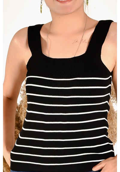Kadın Siyah Çizgili Halter Yaka Sıfır Kol Triko Yazlık T-shirt St Siyah