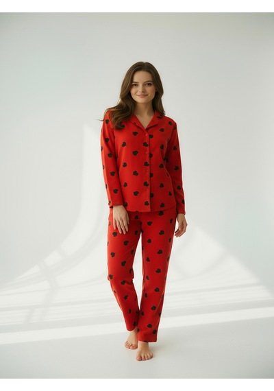 Süet Gömlek Pijama Takımı 7107 Kalpli Kırmızı Kırmızı