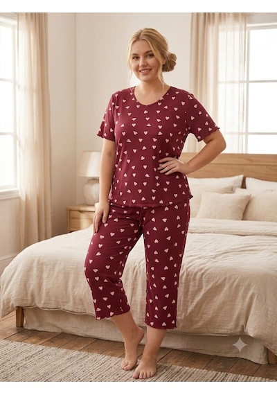 Büyük Beden Kısa Kol Pamuklu Ultrasoft Likralı Kapri Pijama Takımı 8652 Bordo