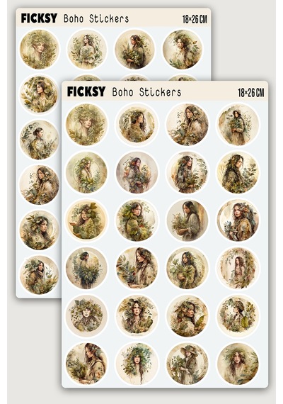 Boho Kadın Portre Sticker Seti - 60 Adet Etiket Çıkartma Diğer