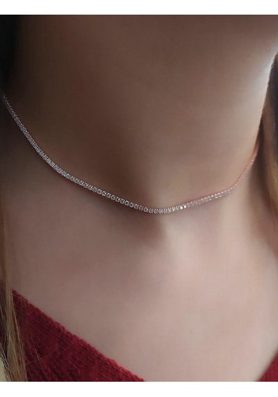 Gümüş Kısa Choker Rose Su Yolu Taşlı Kolye Ko9e67 Altın - Gümüş