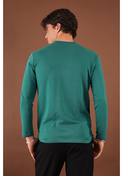 V Yaka Yırtmaç Detaylı Uzun Kollu T-shirt Yeşil