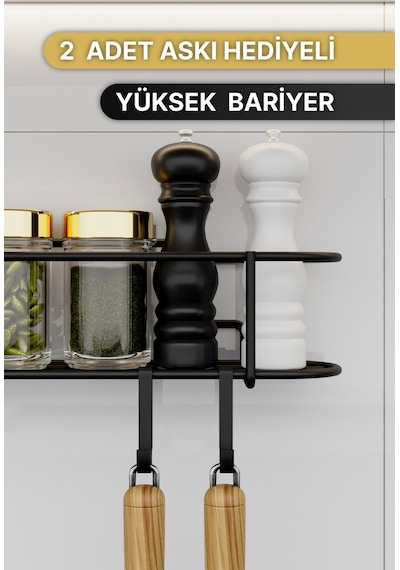 Bino Baharatlık Lüks Metal Siyah Mutfak Rafı Banyo Rafı Yapışkanlı Kancalı Tasarım Tuzluk Askılık Çok Renkli