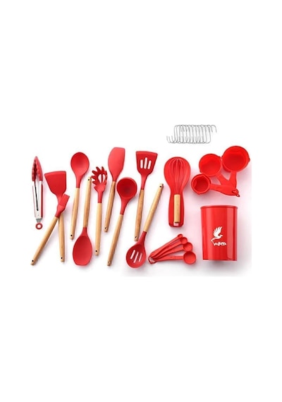 Mikla Isıya Dayanıklı Yanmaz Yapışmaz 33 Parça Silikon Spatula Mutfak Seti Kırmızı