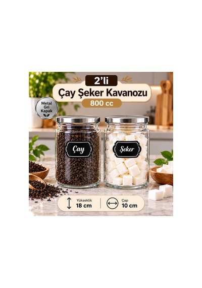 2 Li Metal Vakum Kapaklı Cam 800 Cc Çay Şeker Saklama Kavanozu Saklama Kabı Kavanoz Gri Gri