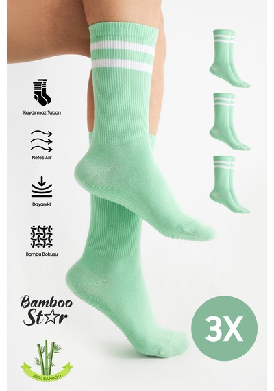 Bamboo Star Bambu Kadın Yeşil Kaydırmaz Taban Silikon Baskı Yoga Fitness Pilates Bale Dans Tenis Çorabı 3'lü