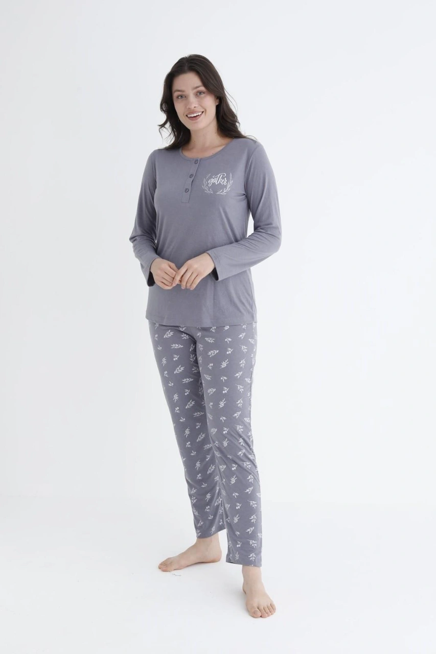 Gd Goldoremi 790-31 Kadın Düğmeli Yaka Uzun Kollu Pijama Takım gri