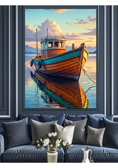 Ahşap Tablo Deniz Kıyısında Ahşap Balıkçı Teknesi