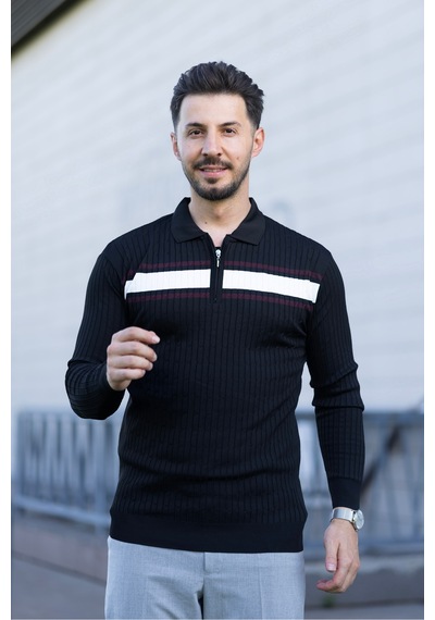 Hk Premium Kazak Polo Yaka Fermuarlı Şerit Detaylı Triko Siyah