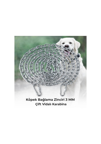 2 Metre Köpek Bağlama Zinciri 3 Mm Gezdirme + 2 Vidalı Karabina Çelik Dayanıklı Beyaz