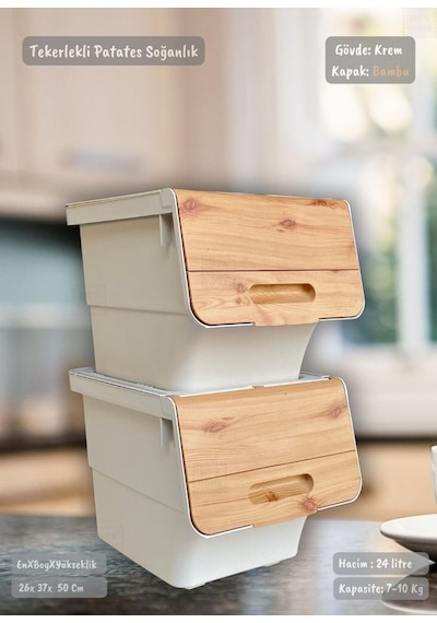 2'li Bambu Patates Soğan Sepeti Tekerlekli Kapaklı Havalandırmalı 24 Litre Sebzelik Organizer