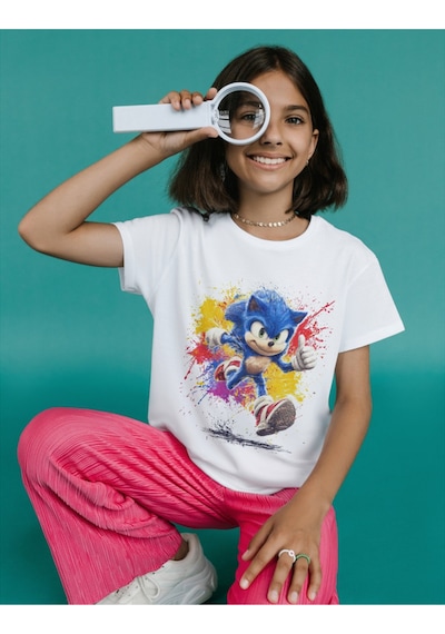Alpşan Ticaret Kirpi Sonic Çocuk Tişört Sonic Unisex Yetişkin Tişört Beyaz