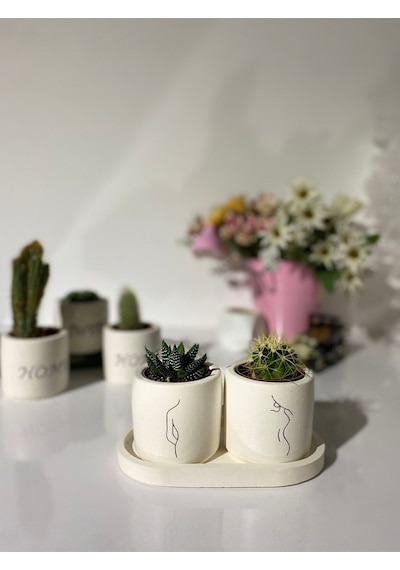 Tabaklı Minimal Kadın Silüeti Desenli El Çizimi Saksı Seti