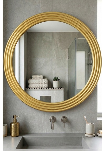 Zümrüt Gold Dekoratif Ayna Yuvarlak Işlemeli Duvar Aynası 43 Cm Altın